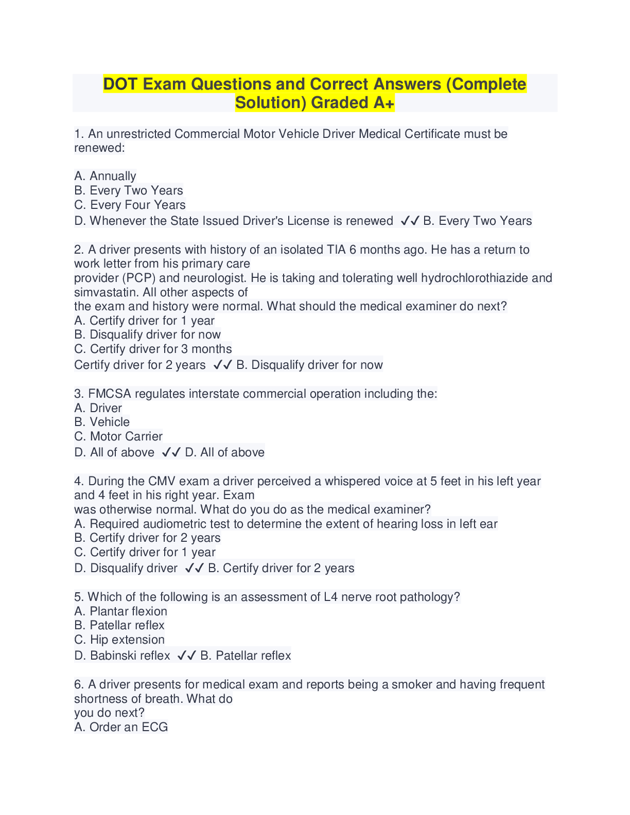 DOT Exam Questions and Correct Answers Solution) Graded A+